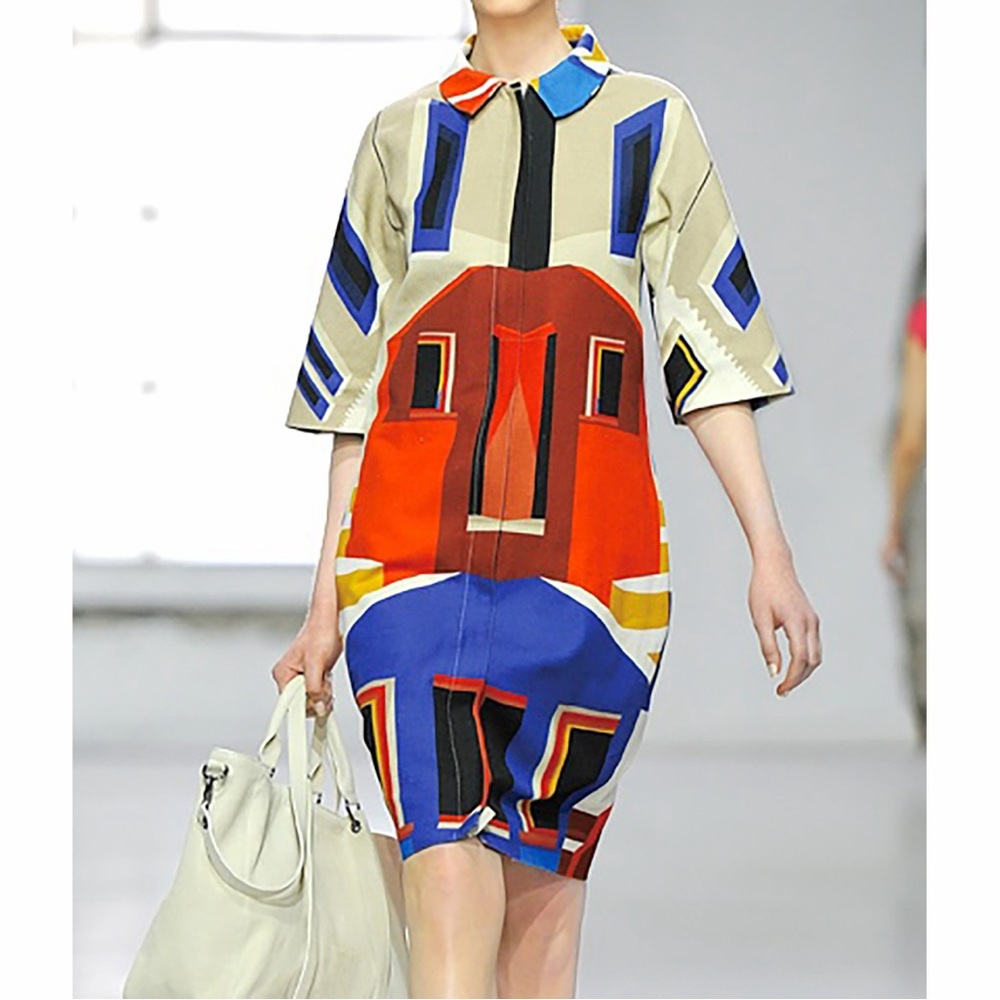 Longchamp Finca Luisa Building House Stairs Print Coat Jacket Colorblock FR 36